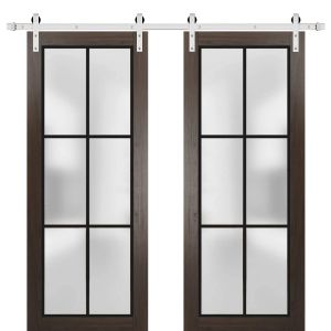 Sturdy Double Barn Door | Planum 2122 Chocolate Ash with Frosted Glass | 13FT Silver Rail Hangers Heavy Set | Modern Solid Panel Interior Doors
