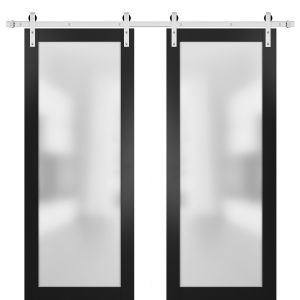Sturdy Double Barn Door | Planum 2102 Matte Black with Frosted Glass | 13FT Silver Rail Hangers Heavy Set | Modern Solid Panel Interior Doors