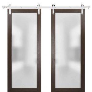 Planum 2102 Interior Modern Closet Double Barn Doors Chocolate Ash with Black Hardware Rails 13FT