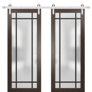 Sturdy Double Barn Door | Planum 2112 Chocolate Ash with Frosted Glass and Aluminum Strips | 13FT Silver Rail Hangers Heavy Set | Modern Solid Panel Interior Doors