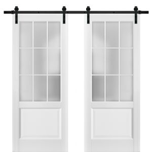 Sturdy Double Barn Door with | Felicia 3309 White Silk with Frosted Glass | 13FT Rail Hangers Heavy Set | Solid Panel Interior Doors