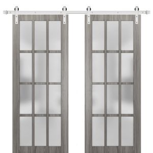 Sturdy Double Barn Door 12 Lites | Felicia 3312 Ginger Ash Grey with Frosted Glass | Silver 13FT Rail Hangers Heavy Set | Solid Panel Interior Doors
