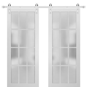 Sturdy Double Barn Door with Clear Frosted 12 lites with Frosted Glass | Felicia 3312 Matte White | 13FT Rail Hangers Heavy Set | Solid Panel Interior Doors