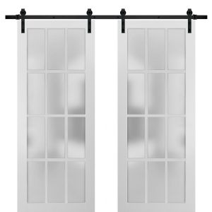 Sturdy Double Barn Door with Frosted Glass 12 Lites | Felicia 3312 Matte White | 13FT Rail Hangers Heavy Set | Solid Panel Interior Doors-36" x 80" (2* 18x80)