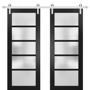 Sturdy Double Barn Door | Quadro 4002 Matte Black with Frosted Glass | Silver 13FT Rail Hangers Heavy Set | Solid Panel Interior Doors