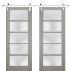 Sturdy Double Barn Door | Quadro 4002 Grey Ash with Frosted Glass | Silver 13FT Rail Hangers Heavy Set | Solid Panel Interior Doors