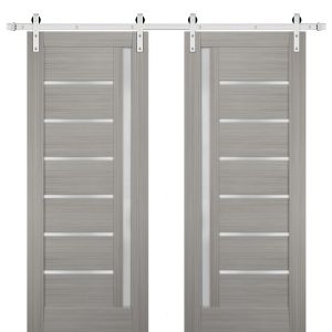 Sturdy Double Barn Door | Quadro 4088 Grey Ash with Frosted Glass | Silver 13FT Rail Hangers Heavy Set | Solid Panel Interior Doors