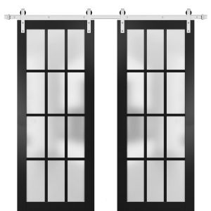Sturdy Double Barn Door with Clear Frosted 12 lites with Frosted Glass | Felicia 3312 Matte Black | 13FT Rail Hangers Heavy Set | Solid Panel Interior Doors