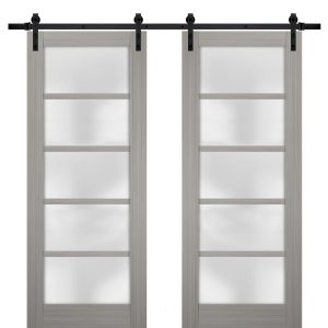 Sturdy Double Barn Door | Quadro 4002 Grey Ash with Frosted Glass | 13FT Rail Hangers Heavy Set | Solid Panel Interior Doors