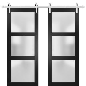 Sturdy Double Barn Door | Lucia 2552 Matte Black with Frosted Glass | 13FT Rail Hangers Heavy Set | Solid Panel Interior Doors