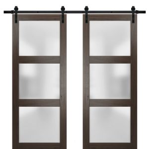 Sturdy Double Barn Door | Lucia 2552 Chocolate Ash with Frosted Glass | 13FT Rail Hangers Heavy Set | Solid Panel Interior Doors