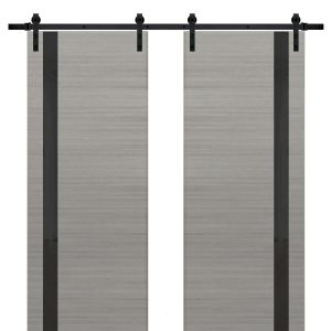 Sturdy Double Barn Door | Planum 0040 Grey Ash with Black Glass | 13FT Rail Hangers Heavy Set | Solid Panel Interior Doors