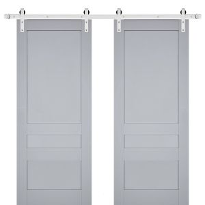 Sturdy Double Barn Door | Veregio 7411 Matte Grey | Silver 13FT Rail Hangers Heavy Set | Solid Panel Interior Doors