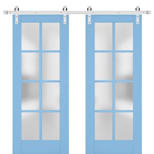 Sturdy Double Barn Door | Veregio 7412 Aquamarine with Frosted Glass | Silver 13FT Rail Hangers Heavy Set | Solid Panel Interior Doors