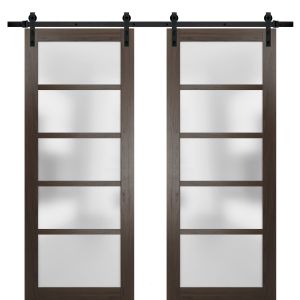 Sturdy Double Barn Door | Quadro 4002 Chocolate Ash with Frosted Glass | 13FT Rail Hangers Heavy Set | Solid Panel Interior Doors