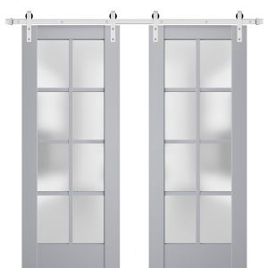 Sturdy Double Barn Door | Veregio 7412 Matte Grey with Frosted Glass | Silver 13FT Rail Hangers Heavy Set | Solid Panel Interior Doors