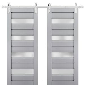 Sturdy Double Barn Door | Veregio 7455 Matte Grey with Frosted Glass | Silver 13FT Rail Hangers Heavy Set | Solid Panel Interior Doors