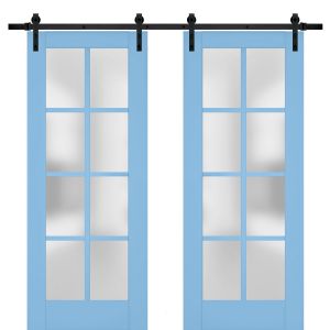 Sturdy Double Barn Door | Veregio 7412 Aquamarine with Frosted Glass | 13FT Rail Hangers Heavy Set | Solid Panel Interior Doors