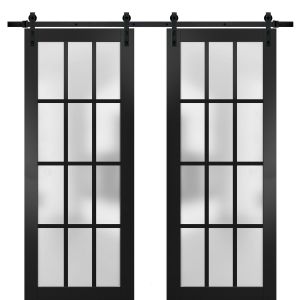 Sturdy Double Barn Door 12 lites | Felicia 3312 Matte Black with Frosted Glass | 13FT Rail Hangers Heavy Set | Solid Panel Interior Doors