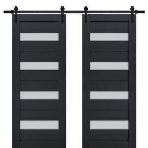 Sturdy Double Barn Door | Veregio 7455 Antracite with Frosted Glass | 13FT Rail Hangers Heavy Set | Solid Panel Interior Doors