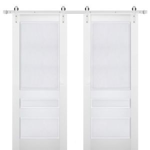 Sturdy Double Barn Door | Veregio 7411 White Silk | Silver 13FT Rail Hangers Heavy Set | Solid Panel Interior Doors