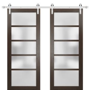 Sturdy Double Barn Door | Quadro 4002 Chocolate Ash with Frosted Glass | Silver 13FT Rail Hangers Heavy Set | Solid Panel Interior Doors