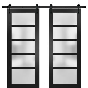 Sturdy Double Barn Door | Quadro 4002 Matte Black with Frosted Glass | 13FT Rail Hangers Heavy Set | Solid Panel Interior Doors