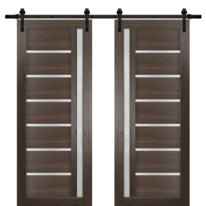 Sturdy Double Barn Door | Quadro 4088 Chocolate Ash with Frosted Glass | 13FT Rail Hangers Heavy Set | Solid Panel Interior Doors