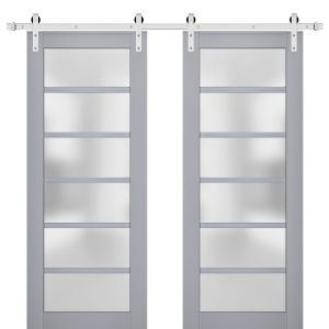 Sturdy Double Barn Door | Veregio 7602 Matte Grey with Frosted Glass | Silver 13FT Rail Hangers Heavy Set | Solid Panel Interior Doors