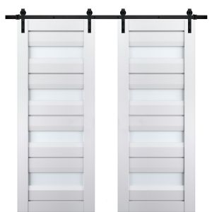 Sturdy Double Barn Door | Veregio 7455 White Silk with Frosted Glass | 13FT Rail Hangers Heavy Set | Solid Panel Interior Doors