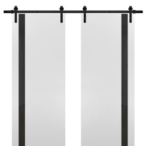Sturdy Double Barn Door | Planum 0040 White Silk with Black Glass | 13FT Rail Hangers Heavy Set | Solid Panel Interior Doors