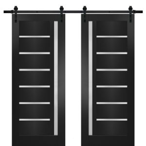 Sturdy Double Barn Door with | Quadro 4088 Matte Black with Frosted Glass | 13FT Rail Hangers Heavy Set | Solid Panel Interior Doors