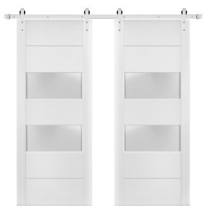Sturdy Double Barn Door with 2 lites | Lucia 4010 White Silk with Frosted Glass | 13FT Steinless Steel Rail Hangers Heavy Set | Solid Panel Interior Doors