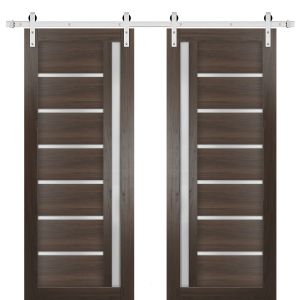 Sturdy Double Barn Door | Quadro 4088 Chocolate Ash with Frosted Glass | Silver 13FT Rail Hangers Heavy Set | Solid Panel Interior Doors
