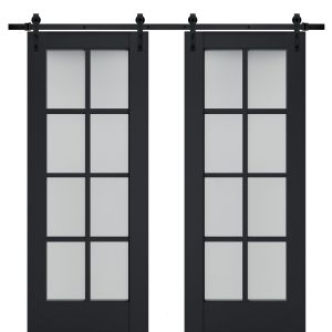 Sturdy Double Barn Door | Veregio 7412 Antracite with Frosted Glass | 13FT Rail Hangers Heavy Set | Solid Panel Interior Doors