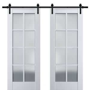 Sturdy Double Barn Door | Veregio 7412 White Silk with Frosted Glass | 13FT Rail Hangers Heavy Set | Solid Panel Interior Doors
