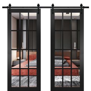 Sturdy Double Barn Door with | Felicia 3355 Matte Black with Clear Glass | 13FT Rail Hangers Heavy Set | Solid Panel Interior Doors
