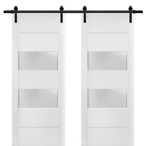 Sturdy Double Barn Door with 2 lites | Lucia 4010 White Silk with Frosted Glass | 13FT Rail Hangers Heavy Set | Solid Panel Interior Doors