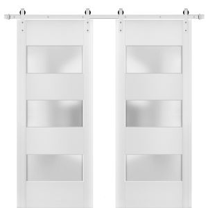 Sturdy Double Barn Door with 2 lites | Lucia 4070 White Silk with Frosted Glass | 13FT Steinless Steel Rail Hangers Heavy Set | Solid Panel Interior Doors