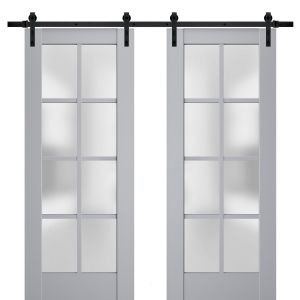 Sturdy Double Barn Door | Veregio 7412 Matte Grey with Frosted Glass | 13FT Rail Hangers Heavy Set | Solid Panel Interior Doors
