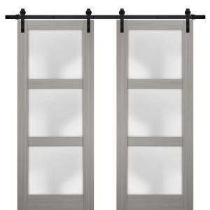 Sturdy Double Barn Door | Lucia 2552 Grey Ash with Frosted Glass | 13FT Rail Hangers Heavy Set | Solid Panel Interior Doors