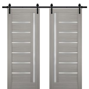 Sturdy Double Barn Door | Quadro 4088 Grey Ash with Frosted Glass | 13FT Rail Hangers Heavy Set | Solid Panel Interior Doors