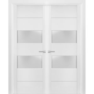 Solid French Double Doors 2 lites | Lucia 4010 White Silk with Frosted Glass | Wood Solid Panel Frame Trims | Closet Bedroom Sturdy Doors 
