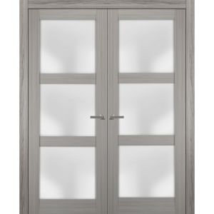 Solid French Double Doors | Lucia 2552 Grey Ash with Frosted Glass | Wood Solid Panel Frame Trims | Closet Bedroom Sturdy Doors 