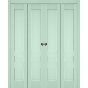 Sliding Closet Double Bi-fold Doors | Veregio 7411 Oliva | Sturdy Tracks Moldings Trims Hardware Set | Wood Solid Bedroom Wardrobe Doors 