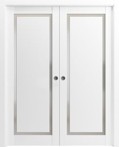 Modern Double Pocket Doors | Planum 0888 Painted White with Frosted Glass | Kit Trims Rail Hardware | Solid Wood Interior Bedroom Sliding Closet Sturdy Door-36" x 80" (2* 18x80)