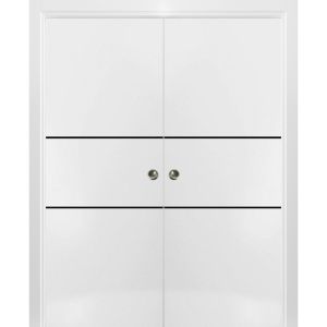 Sliding Double Pocket Door with Frames | Planum 0014 White Silk | Kit Trims Rail Hardware | Solid Wood Interior Bedroom Bathroom Closet Sturdy Doors