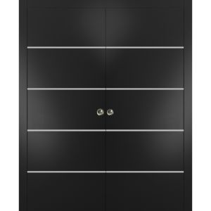 Sliding Double Pocket Door with Frames | Planum 0210 Matte Black | Kit Trims Rail Hardware | Solid Wood Interior Bedroom Bathroom Closet Sturdy Doors 