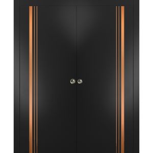 Sliding Double Pocket Door with Frames | Planum 1010 Matte Black | Kit Trims Rail Hardware | Solid Wood Interior Bedroom Bathroom Closet Sturdy Doors 
