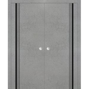 Modern Double Pocket Doors | Planum 0011 Concrete | Kit Trims Rail Hardware | Solid Wood Interior Bedroom Sliding Closet Sturdy Door